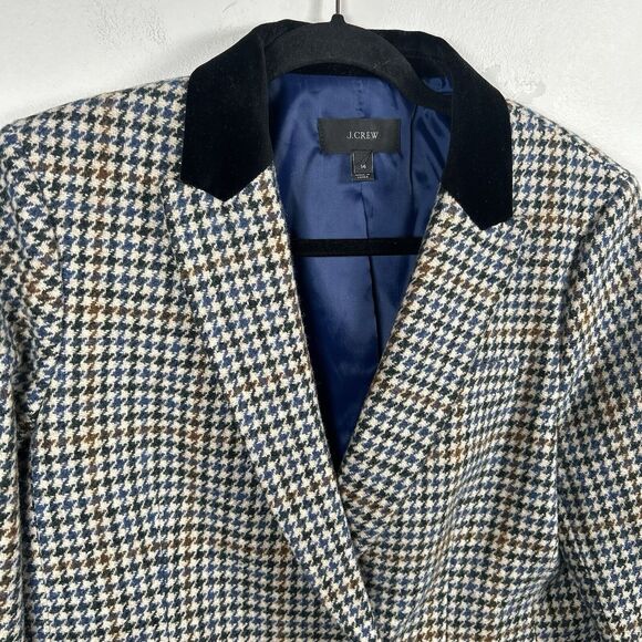 J Crew Dover Houndstooth Check Blazer Jacket Wool Velvet Collar Women’s Size 14 - Picture 2 of 8